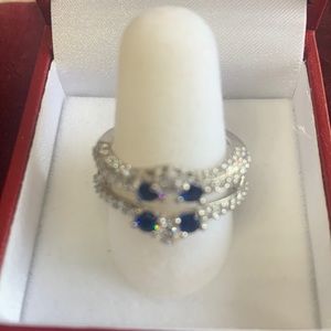 Sapphire and white topaz silver band / platinum dipped size 6.5